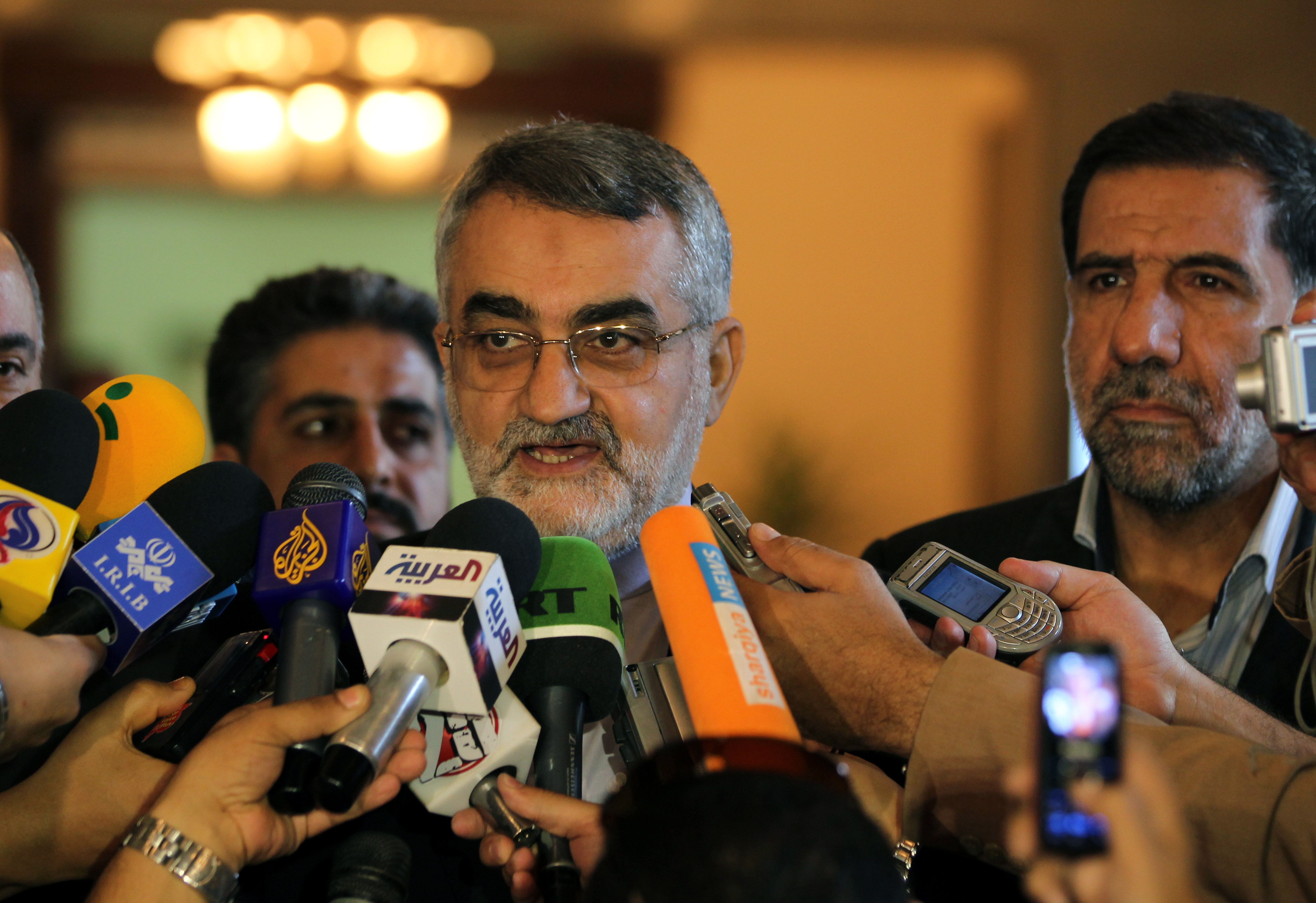 epa02860776 Alaeddin Boroujerdi the chairman of Iran's Islamic Consultative Assembly's National Security and Foreign Policy Committee speaks during a press conference following his meeting with Arab League  Secretary General Nabil Elaraby (not pictured) at the Arab League Headquarters in Cairo, Egypt, 09 August 2011. According to media reports, the visit is the first by a top Iranian official to Egypt since the 25 January revolution. Boroujerdi, who is also the special envoy for Iranian Speaker of Parliament Ali Larijani, will hold talks with Egyptian officials to invite them for a pro-Palestinian conference to take place in Tehran in October.  EPA/KHALED ELFIQI