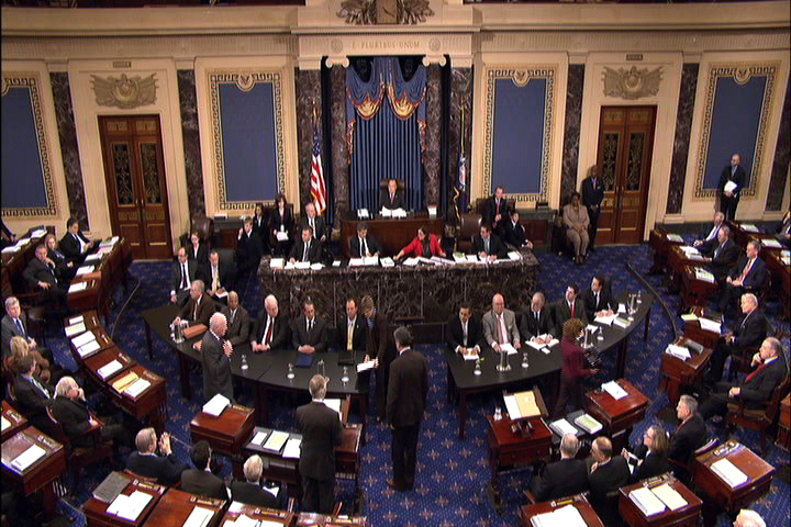 This video frame grab image provided by Senate Television shows the Senate impeachment trial of Judge G. Thomas Porteous, seated, table at right, facing camera, second from left. The attorney Porteous, facing a rare impeachment trial before the Senate argued Tuesday that Congress would be breaking with precedent by considering many of the charges against him. (AP Photo/Senate Television)